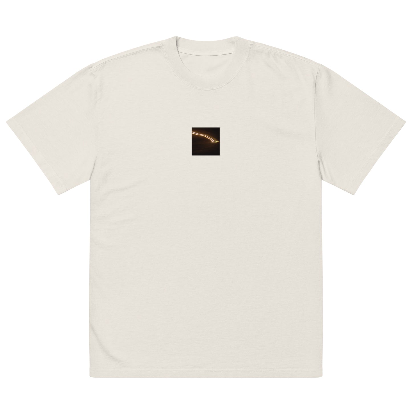 Minimalist streetwear style unisex oversized faded T-shirt in washed bone, featuring a 'Night Car Lights' photograph print. / Night Car Lights オーバーサイズ・フェードTシャツ（フェードボーン）：清潔感ある生成り色のヴィンテージ加工。都会的な夜景写真が際立つモードストリート系Tシャツ。