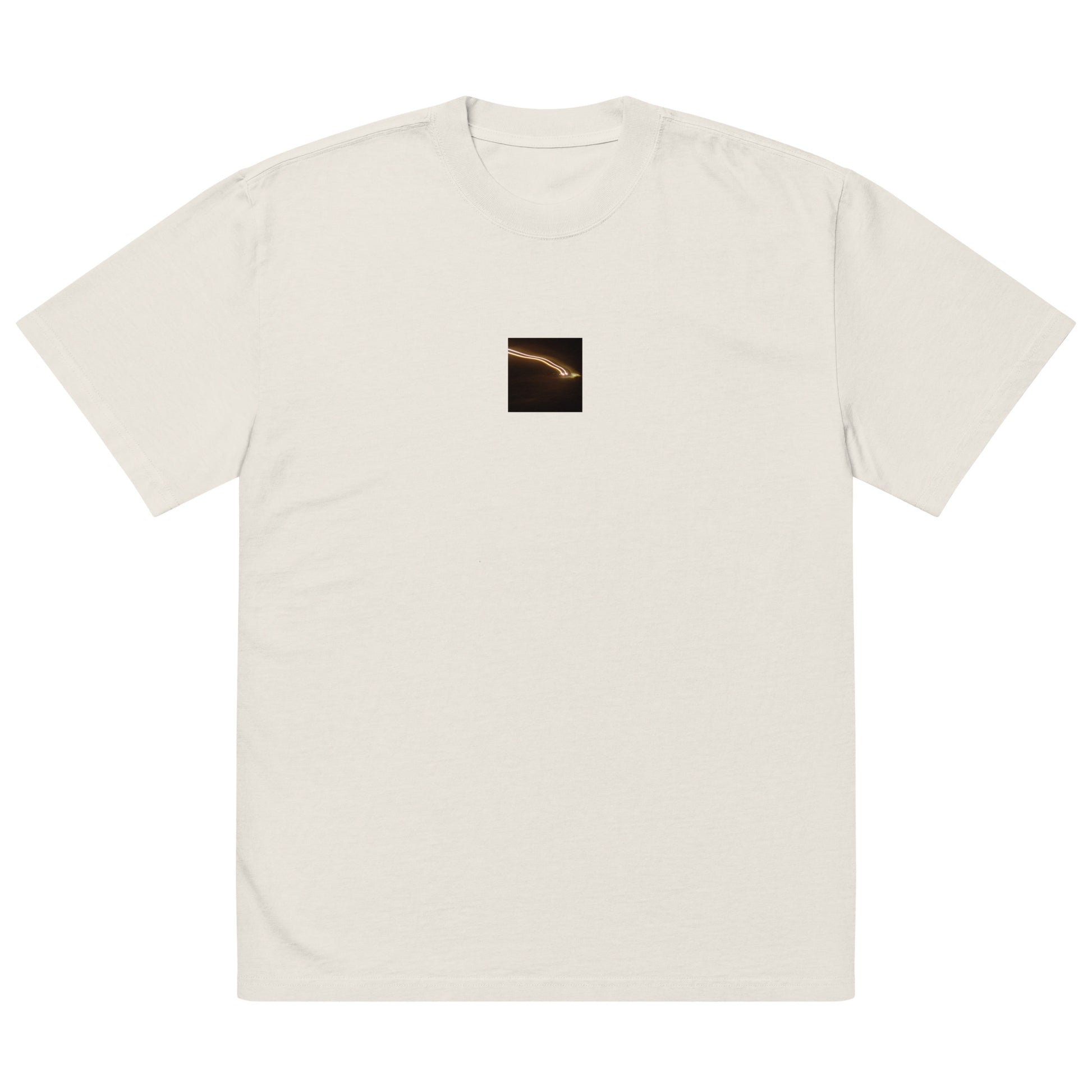 Minimalist streetwear style unisex oversized faded T-shirt in washed bone, featuring a 'Night Car Lights' photograph print. / Night Car Lights オーバーサイズ・フェードTシャツ（フェードボーン）：清潔感ある生成り色のヴィンテージ加工。都会的な夜景写真が際立つモードストリート系Tシャツ。