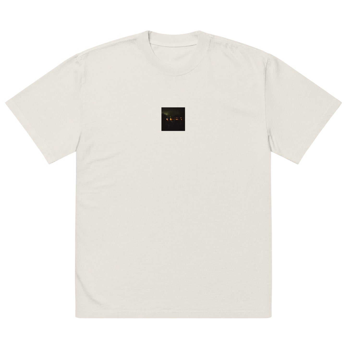 Minimalist streetwear style unisex oversized faded T-shirt in washed bone, featuring a 'Night Light' photograph print. / Night Light オーバーサイズ・フェードTシャツ（フェードボーン）：清潔感ある生成り色のヴィンテージ加工。夜の光の幻想的な風景が際立つモードストリート系Tシャツ。
