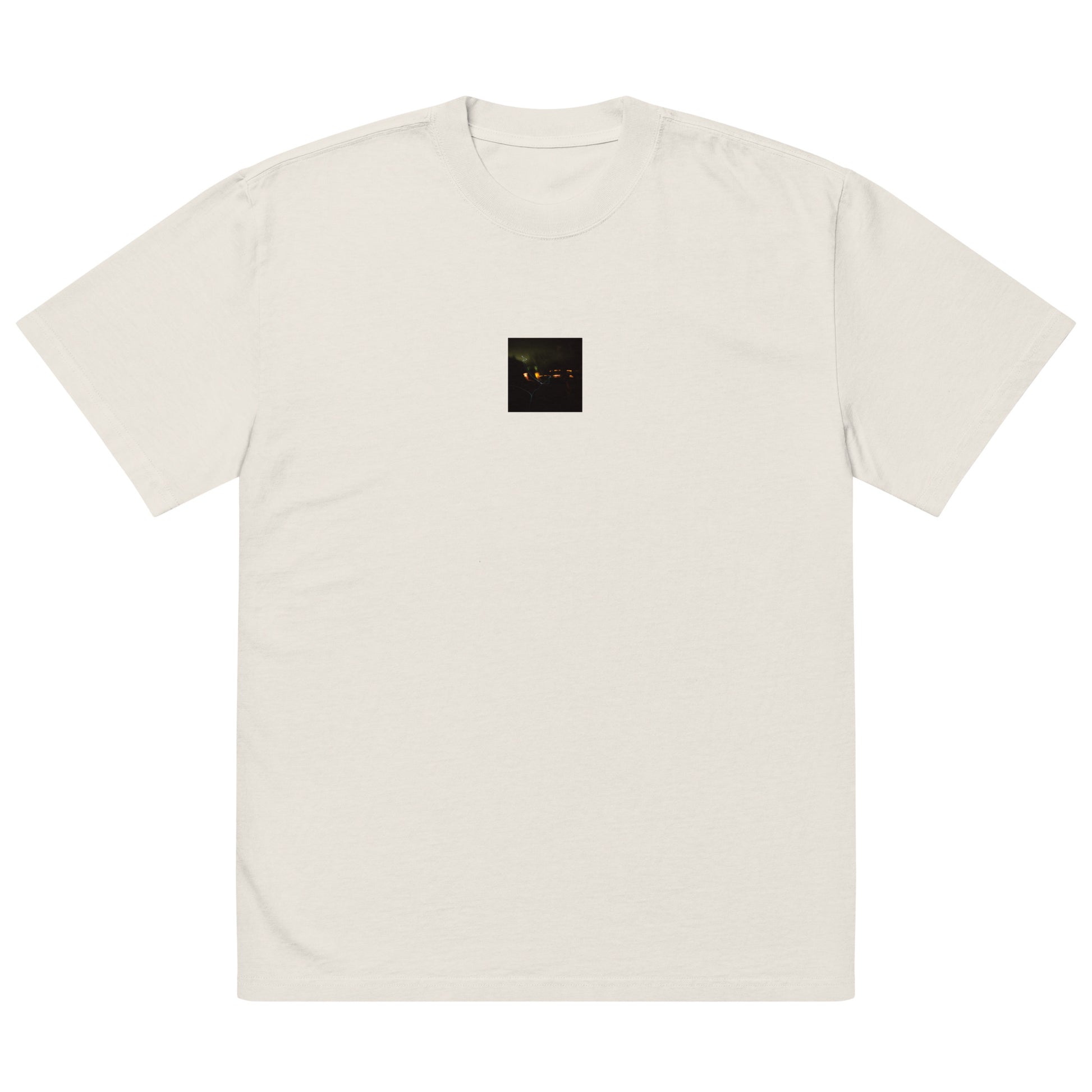 Minimalist streetwear style unisex oversized faded T-shirt in washed bone, featuring a 'Night Light' photograph print. / Night Light オーバーサイズ・フェードTシャツ（フェードボーン）：清潔感ある生成り色のヴィンテージ加工。夜の光の幻想的な風景が際立つモードストリート系Tシャツ。