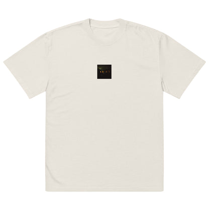 Minimalist streetwear style unisex oversized faded T-shirt in washed bone, featuring a 'Night Light' photograph print. / Night Light オーバーサイズ・フェードTシャツ（フェードボーン）：清潔感ある生成り色のヴィンテージ加工。夜の光の幻想的な風景が際立つモードストリート系Tシャツ。