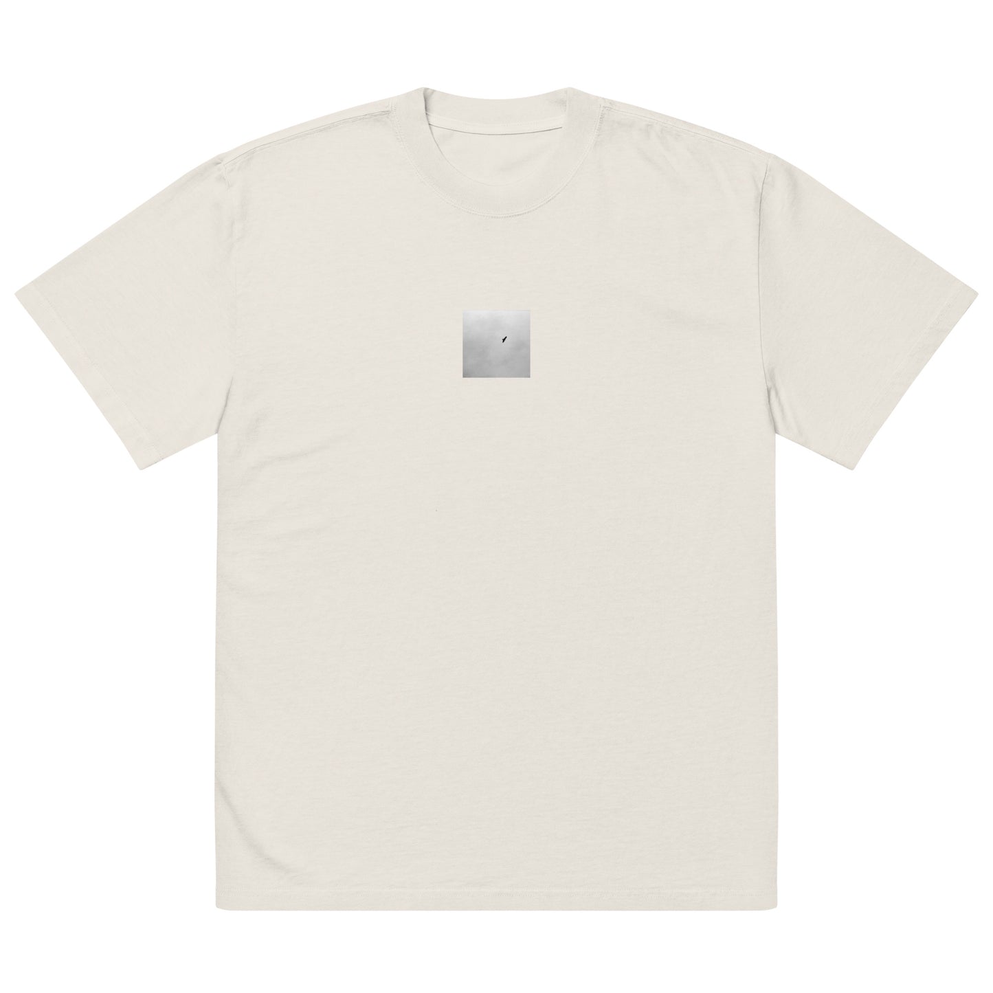 Minimalist streetwear style unisex oversized faded T-shirt in washed bone, featuring a 'Bird and Sky (B&W)' photograph print. / Bird and Sky (B&W) オーバーサイズ・フェードTシャツ（フェードボーン）：清潔感ある生成り色のヴィンテージ加工。鳥と空のモノクロ風景が際立つモードストリート系Tシャツ。