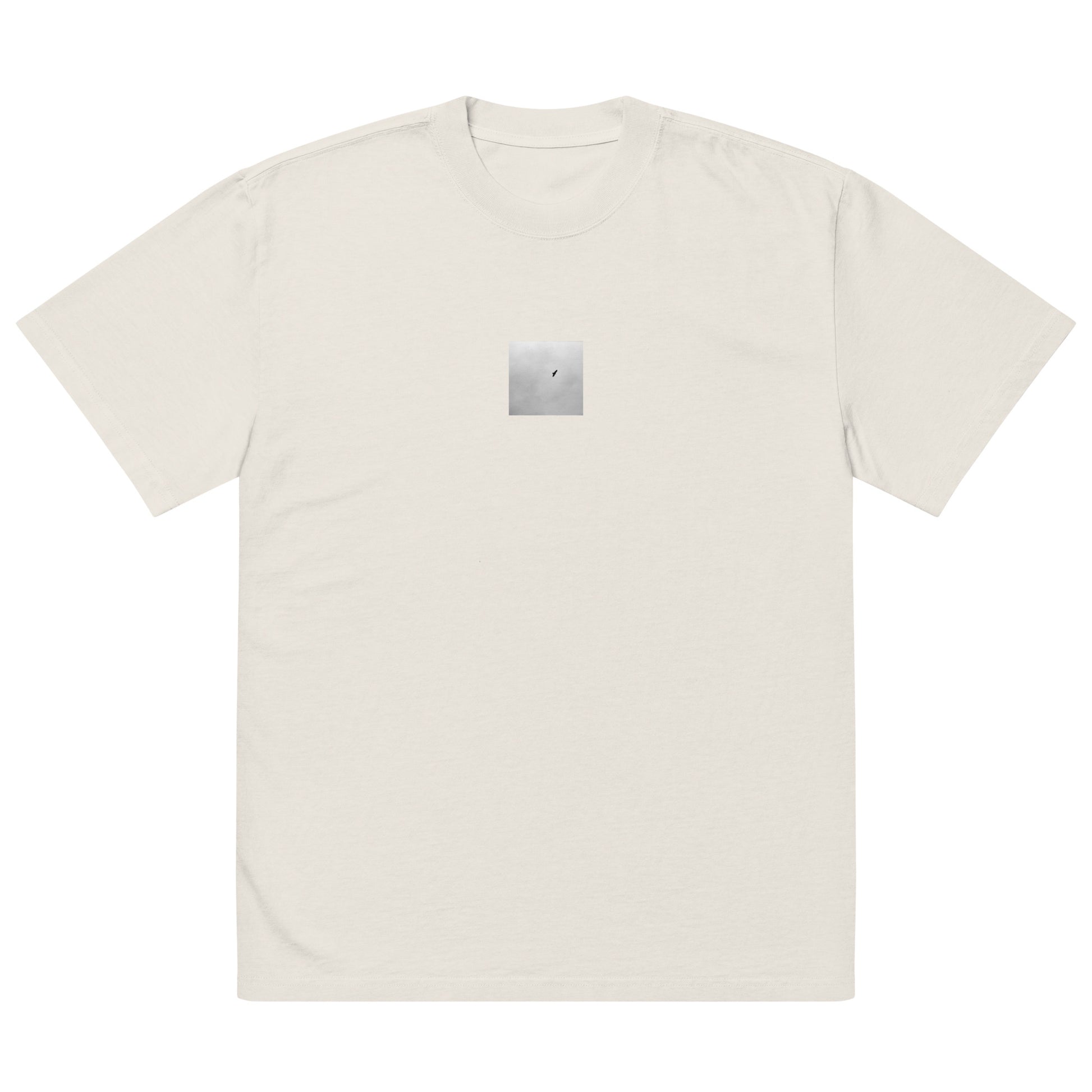 Minimalist streetwear style unisex oversized faded T-shirt in washed bone, featuring a 'Bird and Sky (B&W)' photograph print. / Bird and Sky (B&W) オーバーサイズ・フェードTシャツ（フェードボーン）：清潔感ある生成り色のヴィンテージ加工。鳥と空のモノクロ風景が際立つモードストリート系Tシャツ。