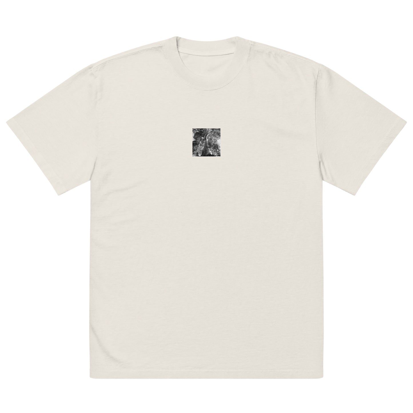 Minimalist streetwear style oversized faded T-shirt in bone featuring the 'Eucalyptus Tree (B&W)' photo art on the front. / モードストリート系オーバーサイズ・フェードTシャツ（ボーン）フロントに「ユーカリの木（モノクロ）」のフォトアートを配したデザイン。