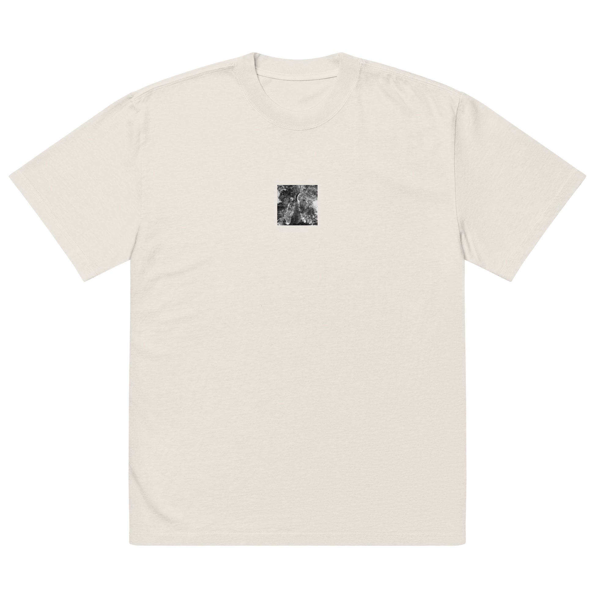 Minimalist streetwear style oversized faded T-shirt in bone featuring the 'Eucalyptus Tree (B&W)' photo art on the front. / モードストリート系オーバーサイズ・フェードTシャツ（ボーン）フロントに「ユーカリの木（モノクロ）」のフォトアートを配したデザイン。