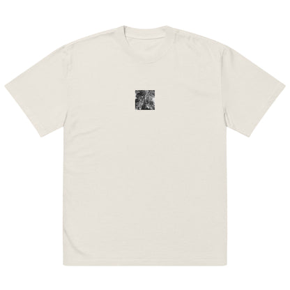 Minimalist streetwear style oversized faded T-shirt in bone featuring the 'Eucalyptus Tree (B&W)' photo art on the front. / モードストリート系オーバーサイズ・フェードTシャツ（ボーン）フロントに「ユーカリの木（モノクロ）」のフォトアートを配したデザイン。