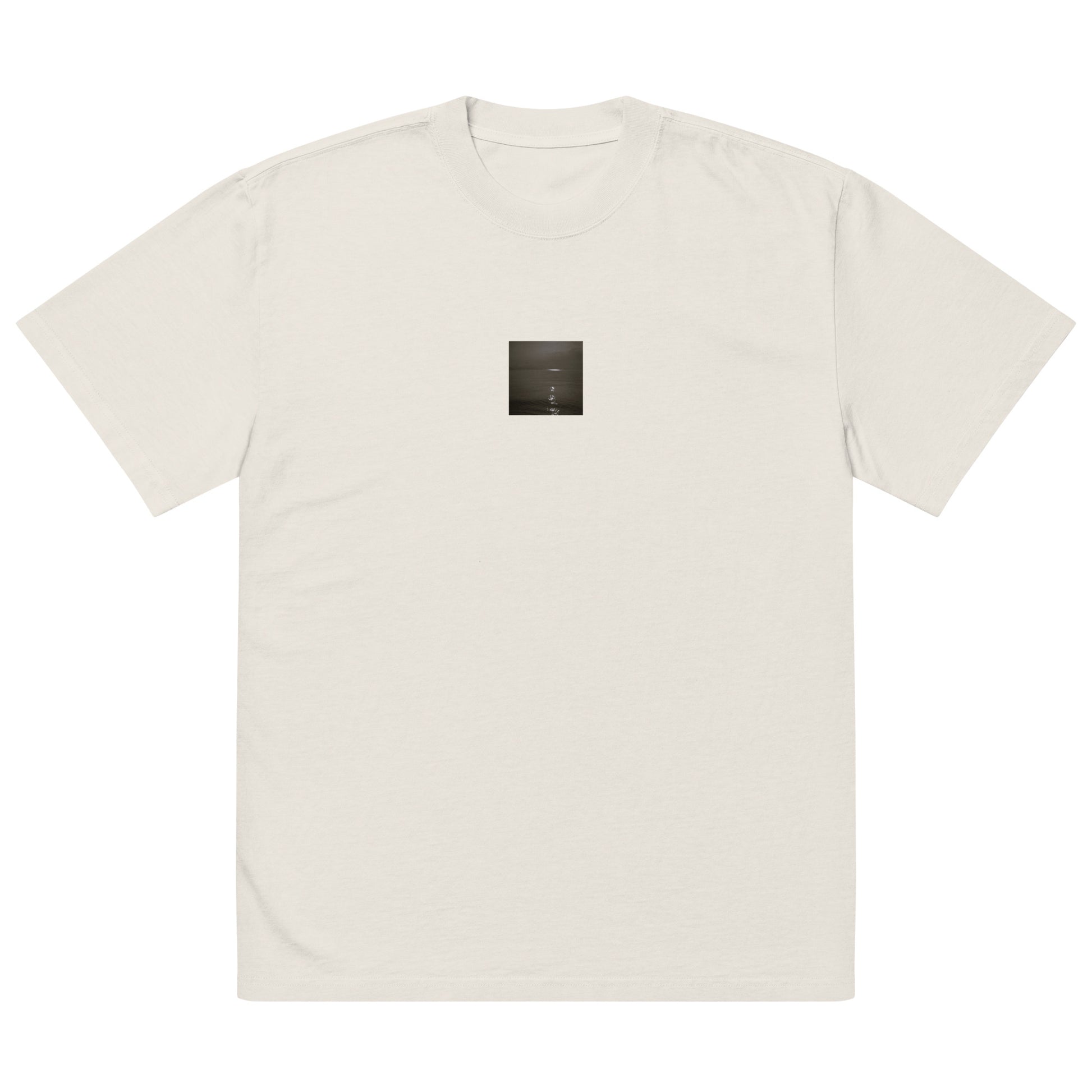Minimalist streetwear style oversized faded T-shirt in bone featuring the 'Sea and Sunshine (B&W)' photo art on the front. / モードストリート系オーバーサイズ・フェードTシャツ（ボーン）フロントに「海と太陽（モノクロ）」のフォトアートを配したデザイン。