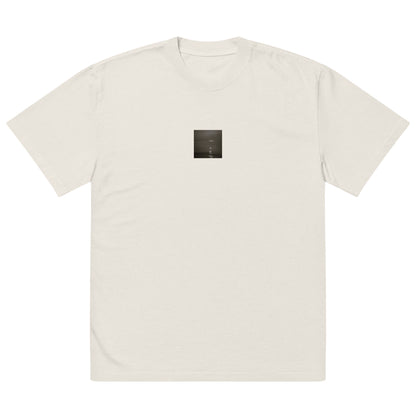 Minimalist streetwear style oversized faded T-shirt in bone featuring the 'Sea and Sunshine (B&W)' photo art on the front. / モードストリート系オーバーサイズ・フェードTシャツ（ボーン）フロントに「海と太陽（モノクロ）」のフォトアートを配したデザイン。