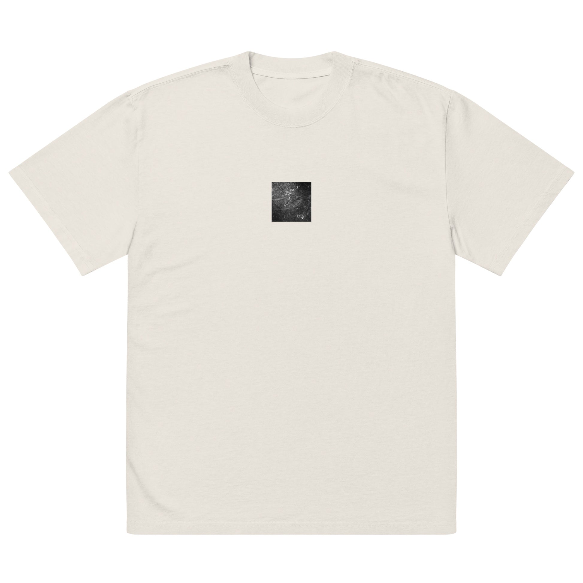 Minimalist streetwear style oversized faded T-shirt in bone featuring the 'Rain (B&W)' photo art on the front. / モードストリート系オーバーサイズ・フェードTシャツ（ボーン）フロントに「雨（モノクロ）」のフォトアートを配したデザイン。