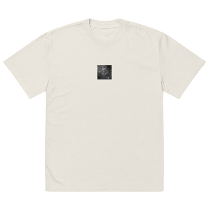Minimalist streetwear style oversized faded T-shirt in bone featuring the 'Rain (B&W)' photo art on the front. / モードストリート系オーバーサイズ・フェードTシャツ（ボーン）フロントに「雨（モノクロ）」のフォトアートを配したデザイン。