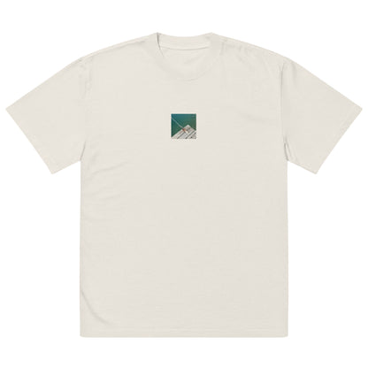 Minimalist streetwear style oversized faded T-shirt in bone featuring the 'Sea, Pier and Rope' photo art on the front. / モードストリート系オーバーサイズ・フェードTシャツ（ボーン）フロントに「海、桟橋、ロープ」のフォトアートを配したデザイン。