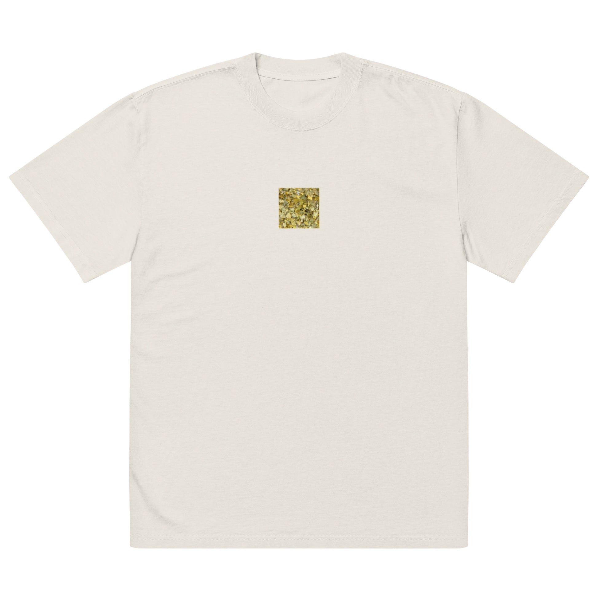 Minimalist streetwear style oversized faded T-shirt in bone featuring the 'Ginkgo Fallen Leaves' photo art on the front. / モードストリート系オーバーサイズ・フェードTシャツ（ボーン）フロントに「イチョウの落ち葉」のフォトアートを配したデザイン。