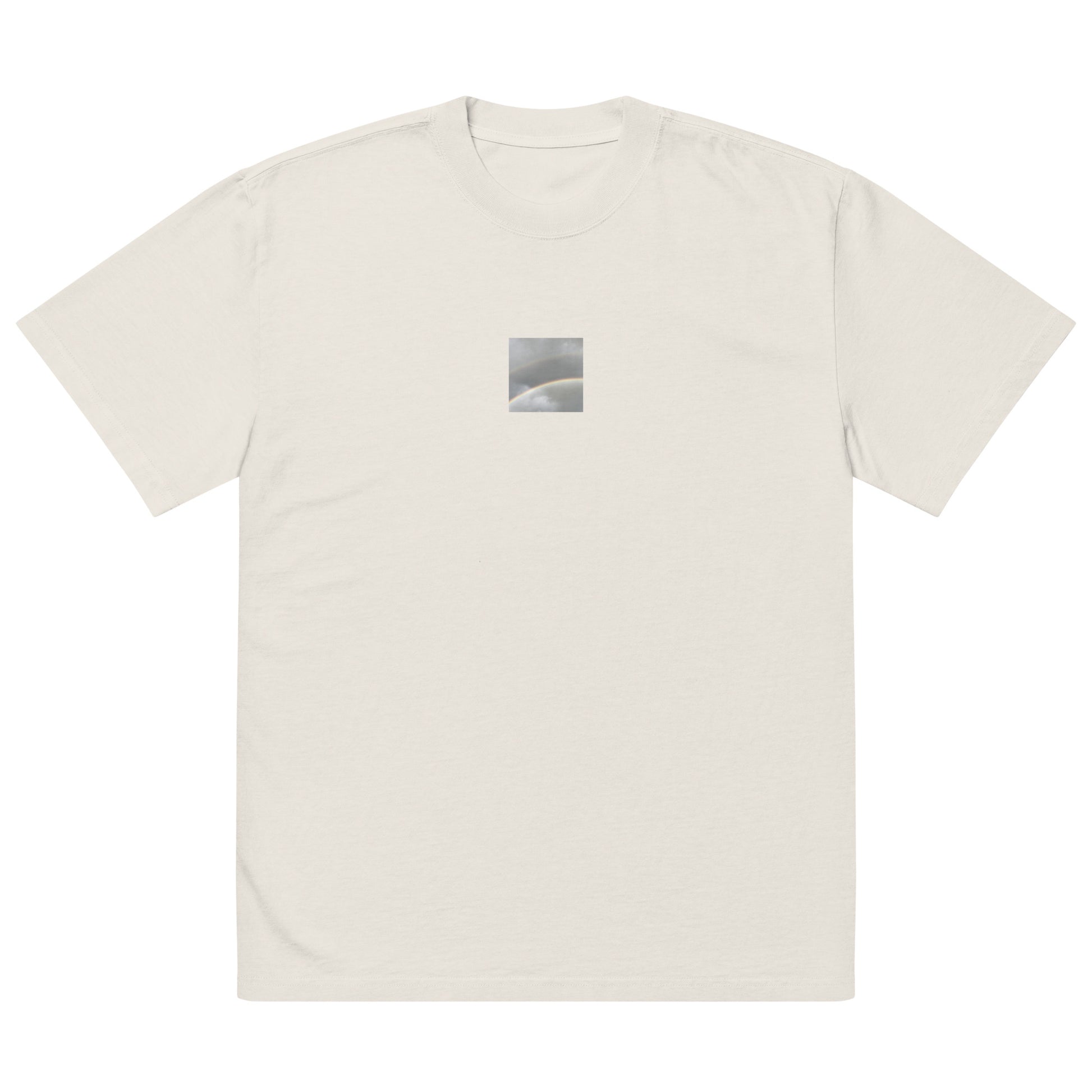 Minimalist streetwear style oversized faded T-shirt in bone featuring the 'Double Rainbow' photo art on the front. / モードストリート系オーバーサイズ・フェードTシャツ（ボーン）フロントに「ダブルレインボー」のフォトアートを配したデザイン。