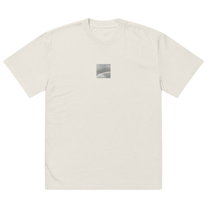 Minimalist streetwear style oversized faded T-shirt in bone featuring the 'Double Rainbow' photo art on the front. / モードストリート系オーバーサイズ・フェードTシャツ（ボーン）フロントに「ダブルレインボー」のフォトアートを配したデザイン。
