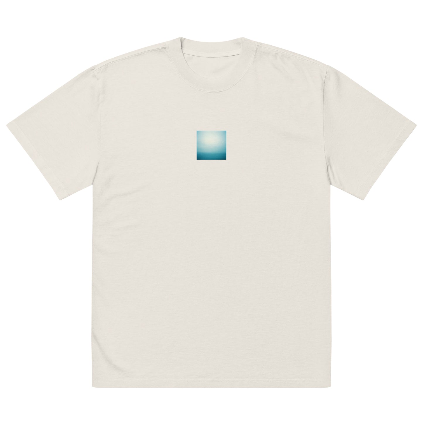Minimalist streetwear style oversized faded T-shirt in bone featuring the 'Ocean Horizon' photo art on the front. / モードストリート系オーバーサイズ・フェードTシャツ（ボーン）フロントに「海の水平線」のフォトアートを配したデザイン。