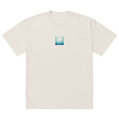 Minimalist streetwear style oversized faded T-shirt in bone featuring the 'Ocean Horizon' photo art on the front. / モードストリート系オーバーサイズ・フェードTシャツ（ボーン）フロントに「海の水平線」のフォトアートを配したデザイン。