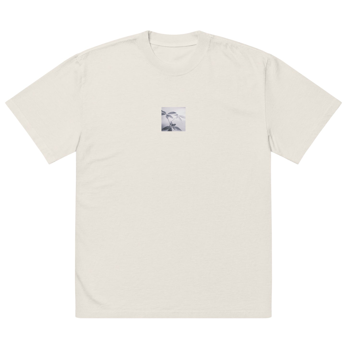 Minimalist streetwear style oversized faded T-shirt in bone featuring the 'Botanical (B&W)' photo art on the front. / モードストリート系オーバーサイズ・フェードTシャツ（ボーン）フロントに「ボタニカル (モノクロ)」のフォトアートを配したデザイン。