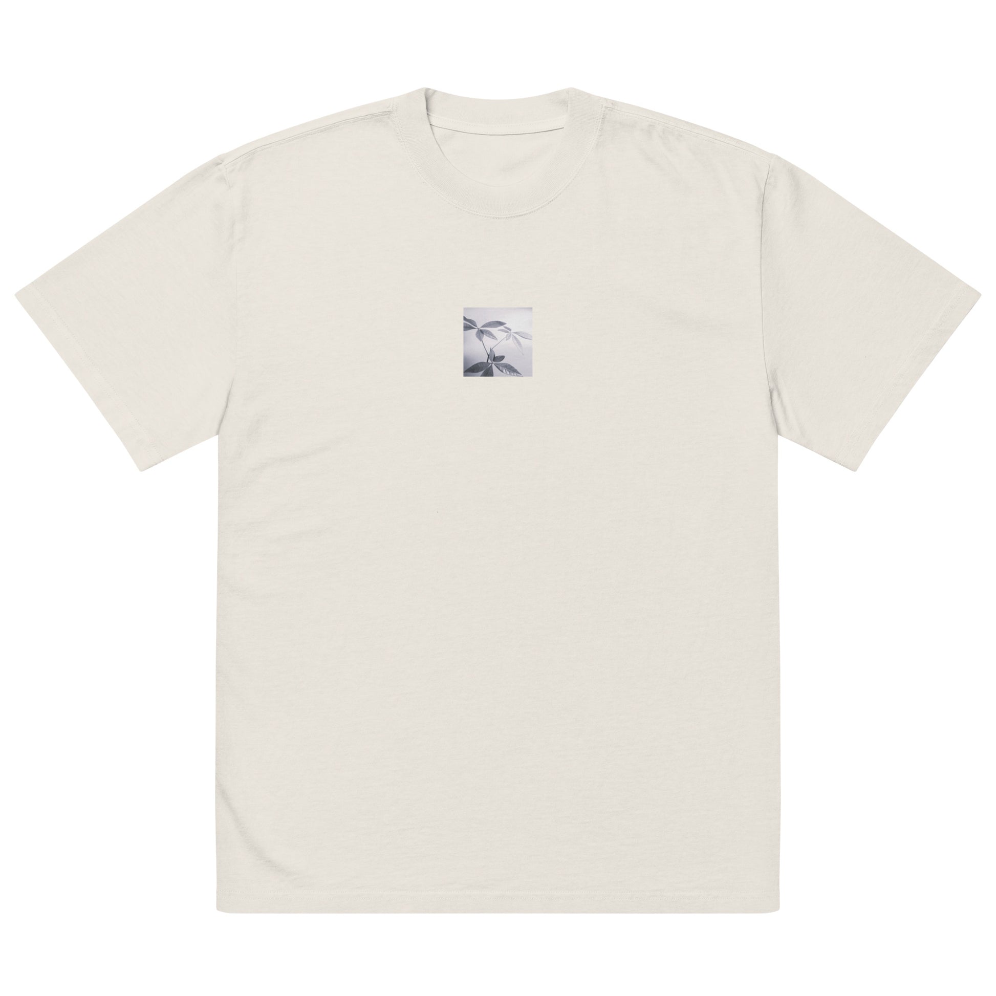 Minimalist streetwear style oversized faded T-shirt in bone featuring the 'Botanical (B&W)' photo art on the front. / モードストリート系オーバーサイズ・フェードTシャツ（ボーン）フロントに「ボタニカル (モノクロ)」のフォトアートを配したデザイン。