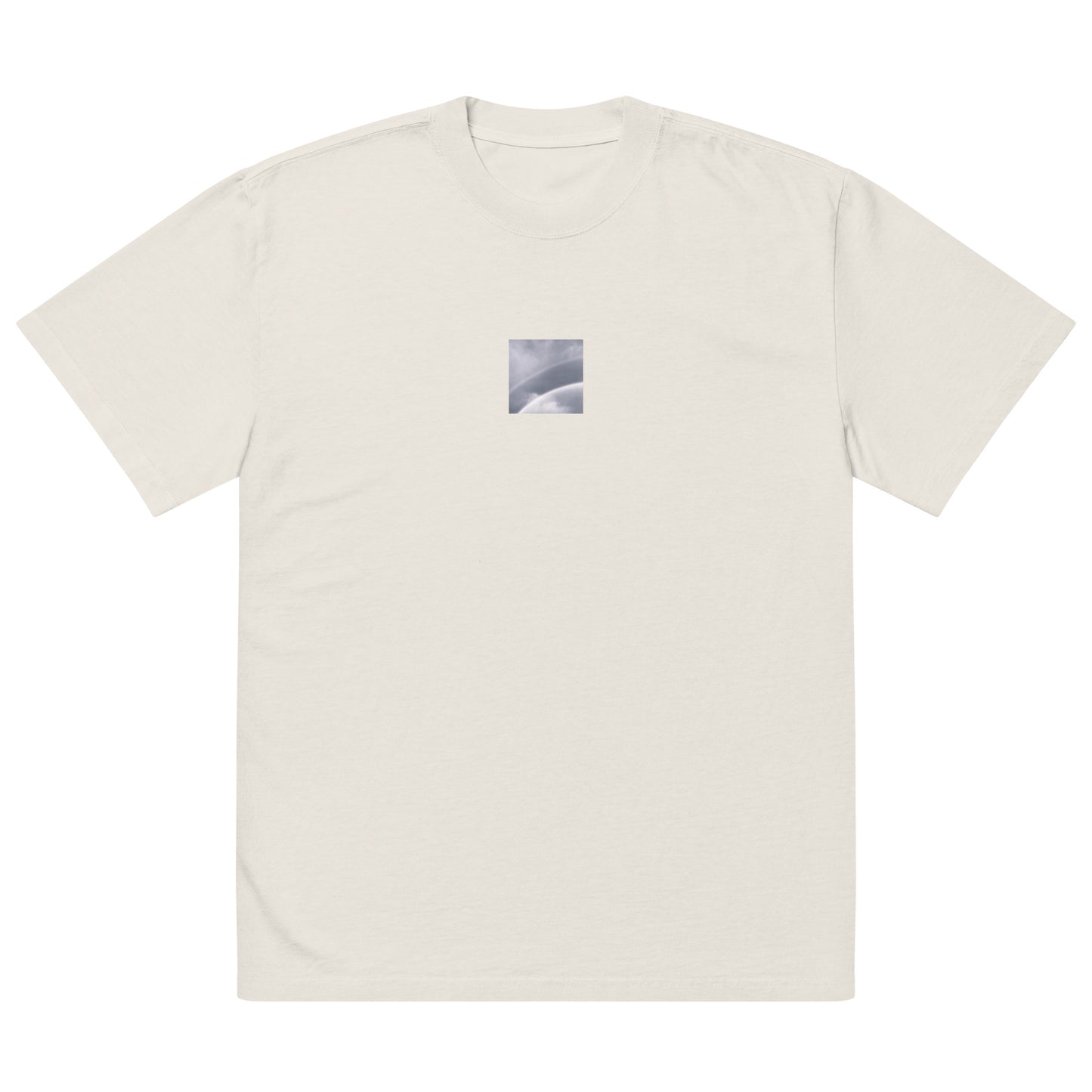 Minimalist streetwear style oversized faded T-shirt in bone featuring the 'Double Rainbow (B&W)' photo art on the front. / モードストリート系オーバーサイズ・フェードTシャツ（ボーン）フロントに「ダブルレインボー (モノクロ)」のフォトアートを配したデザイン。