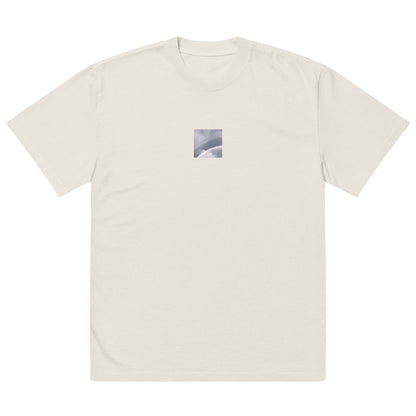 Minimalist streetwear style oversized faded T-shirt in bone featuring the 'Double Rainbow (B&W)' photo art on the front. / モードストリート系オーバーサイズ・フェードTシャツ（ボーン）フロントに「ダブルレインボー (モノクロ)」のフォトアートを配したデザイン。