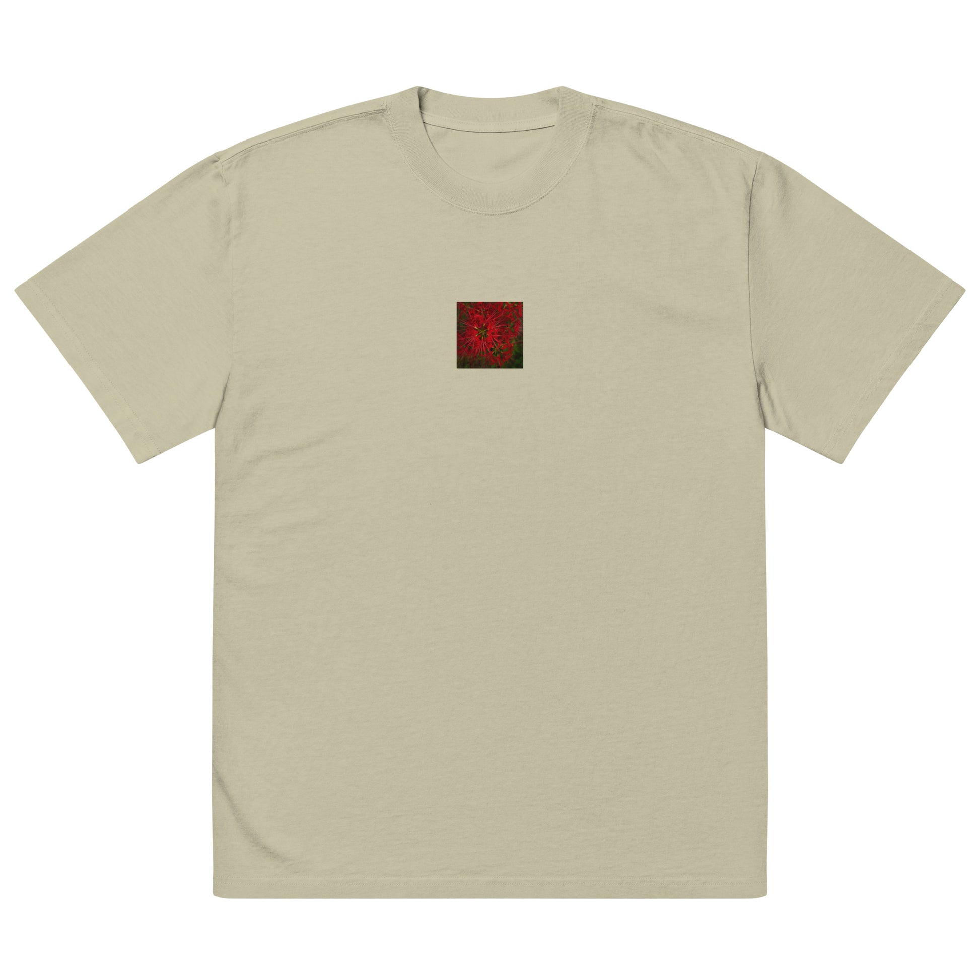 Red Spider Lily Botanical Art – Oversized Faded T-Shirt, Faded Eucalyptus, Front View