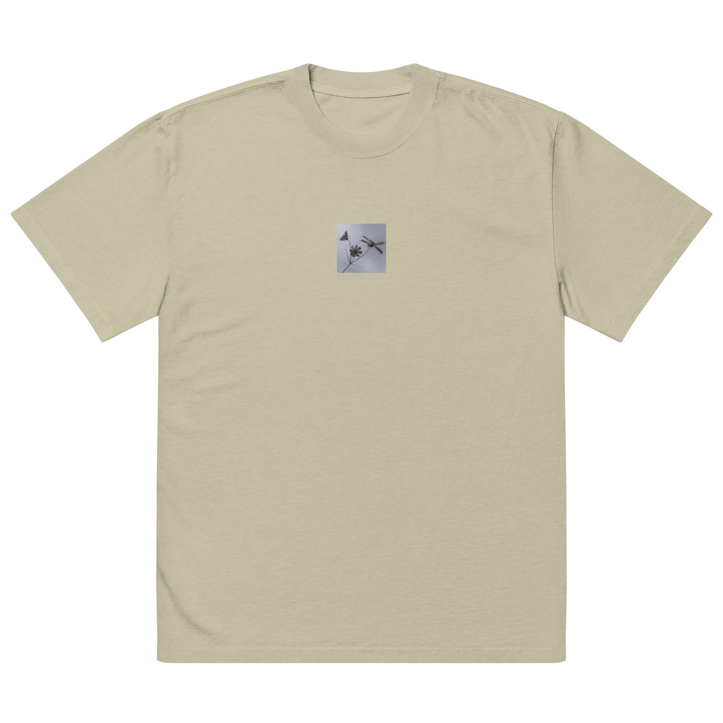 Three Cosmos Flowers Botanical B&W Art – Oversized Faded T-Shirt, Faded Eucalyptus, Front View