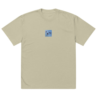 Three Cosmos Flowers Botanical Art – Oversized Faded T-Shirt, Faded Eucalyptus, Front View