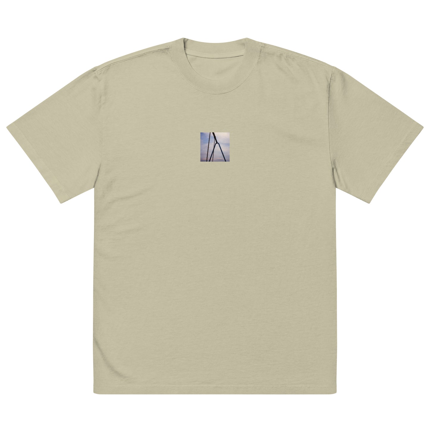 【Faded Eucalyptus】
Minimalist mode street style oversized faded eucalyptus long sleeve t-shirt with a playground swing photo print on the front / モードストリート系オーバーサイズ長袖Tシャツ（フェードユーカリ）、フロントに公園のブランコの写真プリント