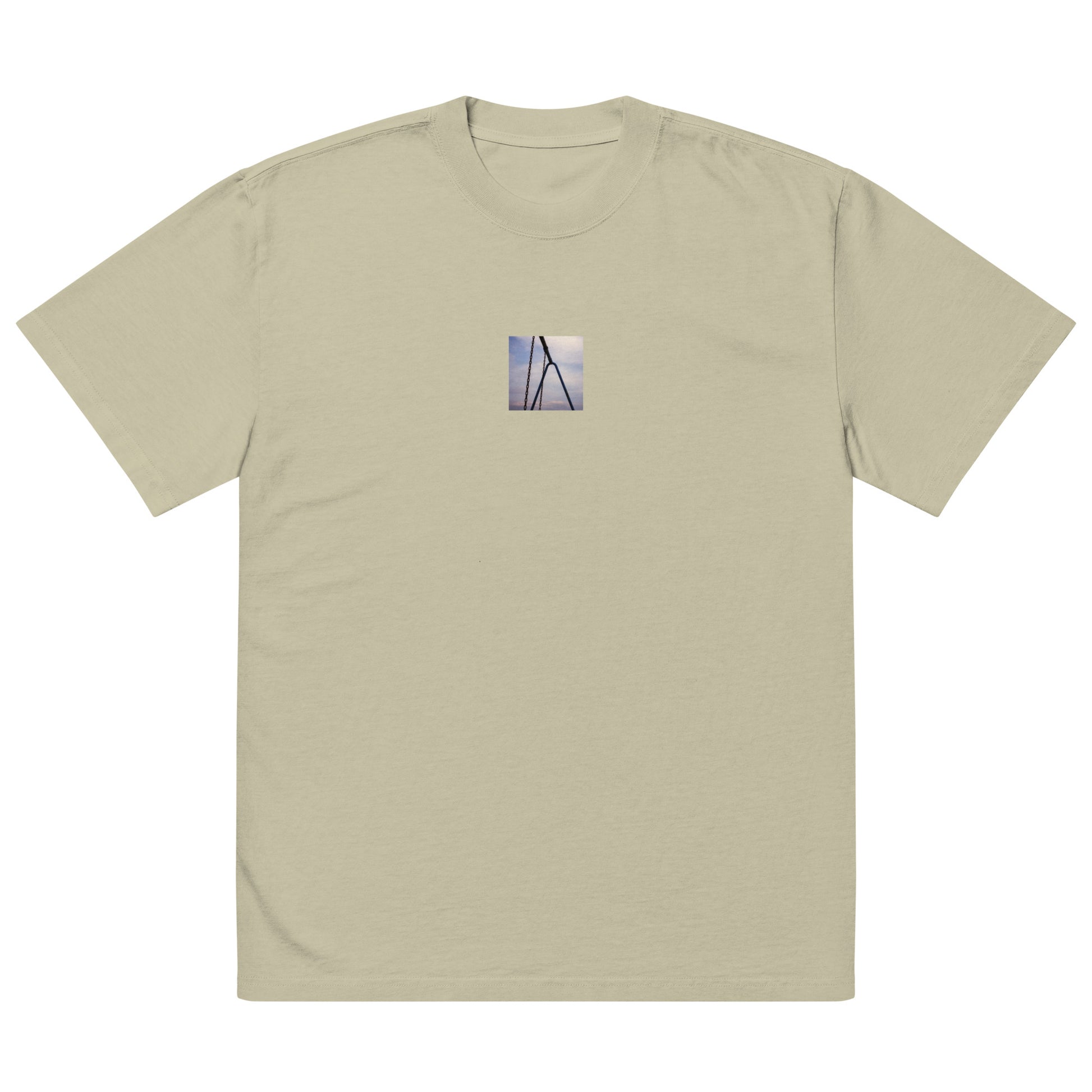 【Faded Eucalyptus】
Minimalist mode street style oversized faded eucalyptus long sleeve t-shirt with a playground swing photo print on the front / モードストリート系オーバーサイズ長袖Tシャツ（フェードユーカリ）、フロントに公園のブランコの写真プリント