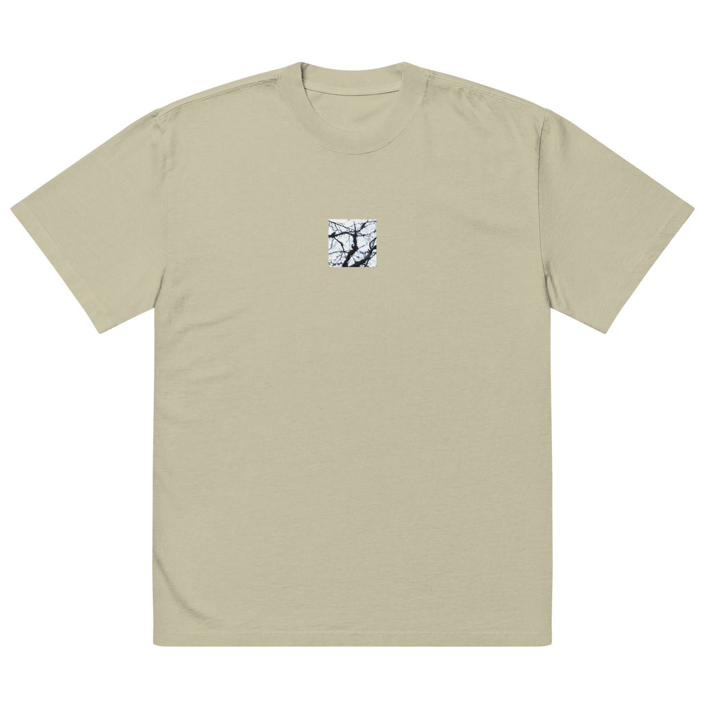 Minimalist mode style unisex faded eucalyptus oversized faded t-shirt with a 'Bare Tree' art print / モードストリート系ユニセックス・フェイデッドユーカリ・オーバーサイズ・フェイデッドTシャツ、フロントに「Bare Tree（枯れ木）」のアートプリント（Tシャツ）