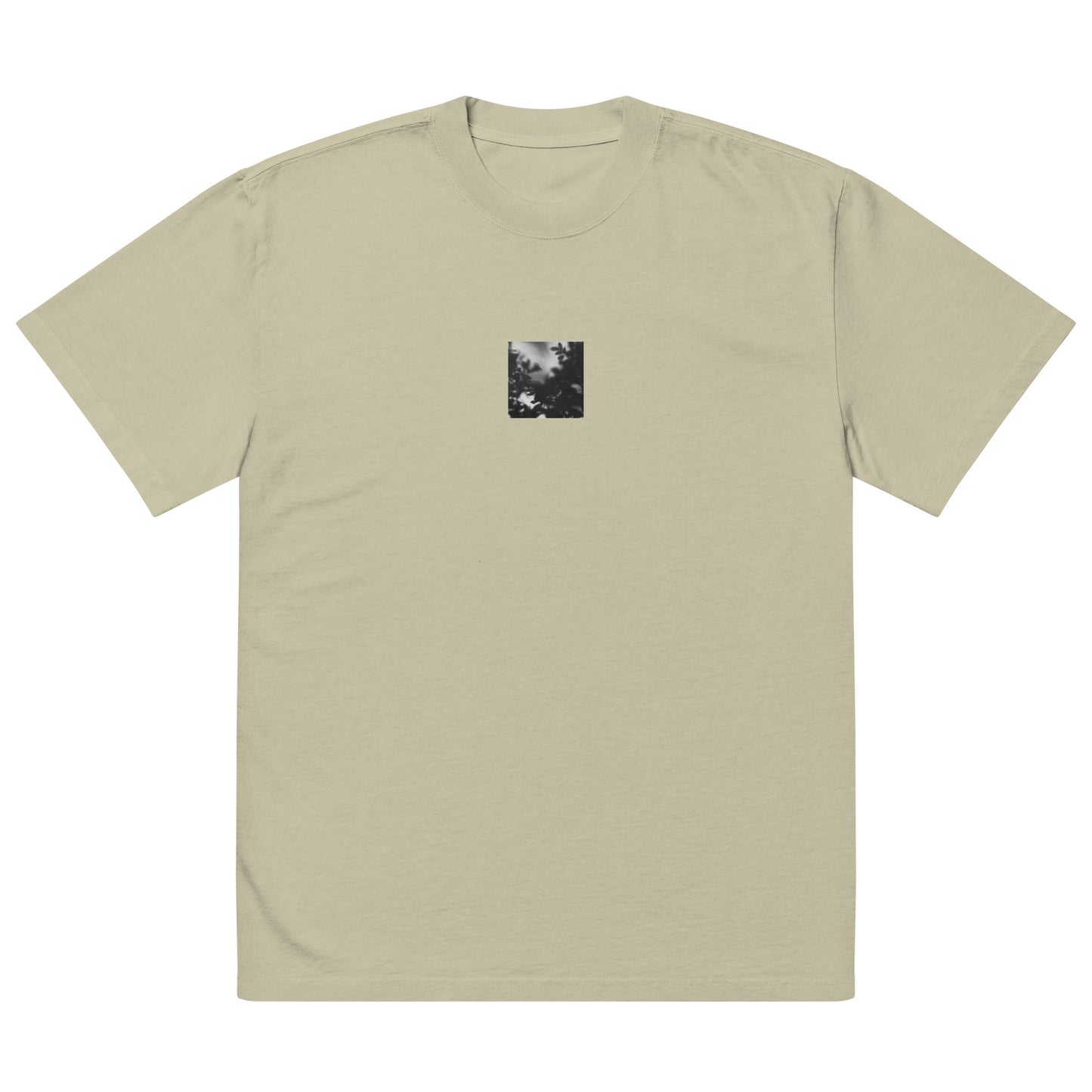 Minimalist streetwear style unisex oversized faded T-shirt in washed eucalyptus, featuring a 'Tree Branches' black and white photograph print on the chest. / Tree Branches（木の枝）B&W オーバーサイズ・フェードTシャツ（フェードユーカリプタス）：都会的で洗練された色合いの、ミニマリストのためのモードストリート系Tシャツ。