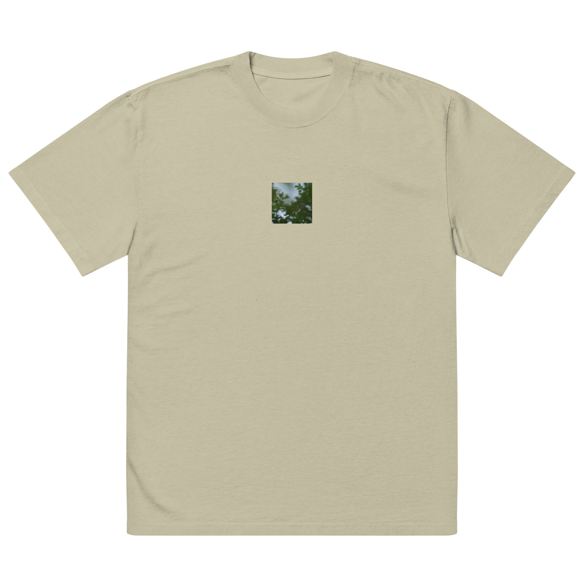 Minimalist streetwear style unisex oversized faded T-shirt in washed eucalyptus, featuring a 'Tree Branches' botanical print on the chest. / Tree Branches オーバーサイズ・フェードTシャツ（フェードユーカリプタス）：都会的で洗練された色合いの、ミニマリストのためのモードストリート系Tシャツ。