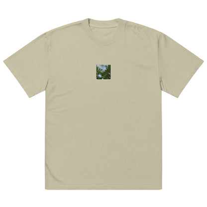 Minimalist streetwear style unisex oversized faded T-shirt in washed eucalyptus, featuring a 'Tree Branches' botanical print on the chest. / Tree Branches オーバーサイズ・フェードTシャツ（フェードユーカリプタス）：都会的で洗練された色合いの、ミニマリストのためのモードストリート系Tシャツ。