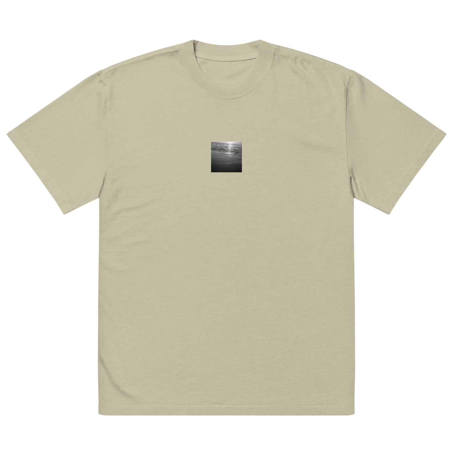 Minimalist mode style unisex oversized faded eucalyptus t-shirt with an 'Ocean Beach' black and white photo print / モードストリート系ユニセックス・オーバーサイズ・フェイデッドTシャツ（フェイデッドユーカリ）、「Ocean Beach（オーシャンビーチ）」のモノクロ写真プリント