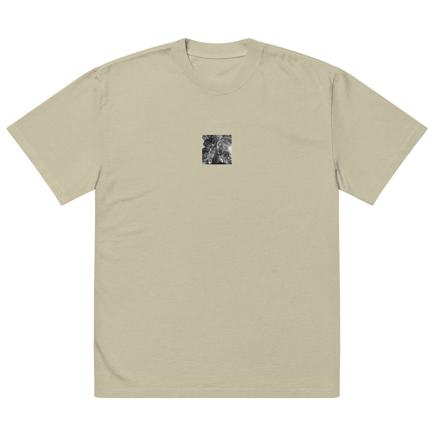 Minimalist streetwear style oversized faded T-shirt in eucalyptus featuring the 'Eucalyptus Tree (B&W)' photo art on the front. / モードストリート系オーバーサイズ・フェードTシャツ（ユーカリ）フロントに「ユーカリの木（モノクロ）」のフォトアートを配したデザイン。