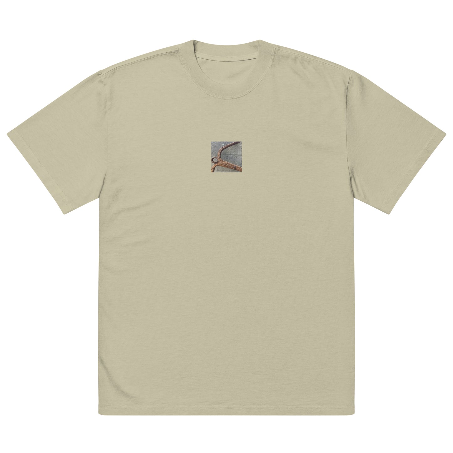 Minimalist streetwear style oversized faded T-shirt in eucalyptus featuring the 'Anchor' photo art on the front. / モードストリート系オーバーサイズ・フェードTシャツ（ユーカリ）フロントに「アンカー（錨）」のフォトアートを配したデザイン。