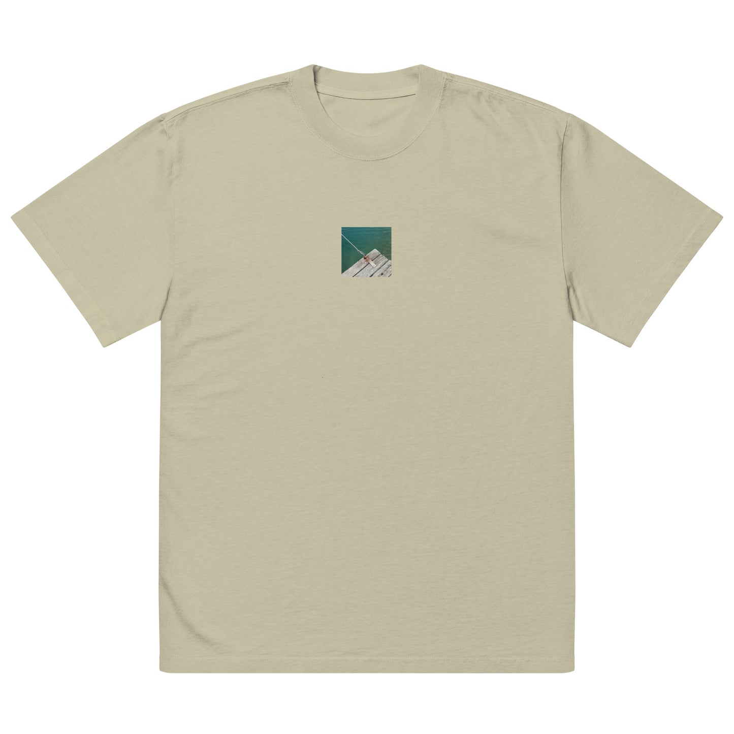 Minimalist streetwear style oversized faded T-shirt in eucalyptus featuring the 'Sea, Pier and Rope' photo art on the front. / モードストリート系オーバーサイズ・フェードTシャツ（ユーカリ）フロントに「海、桟橋、ロープ」のフォトアートを配したデザイン。
