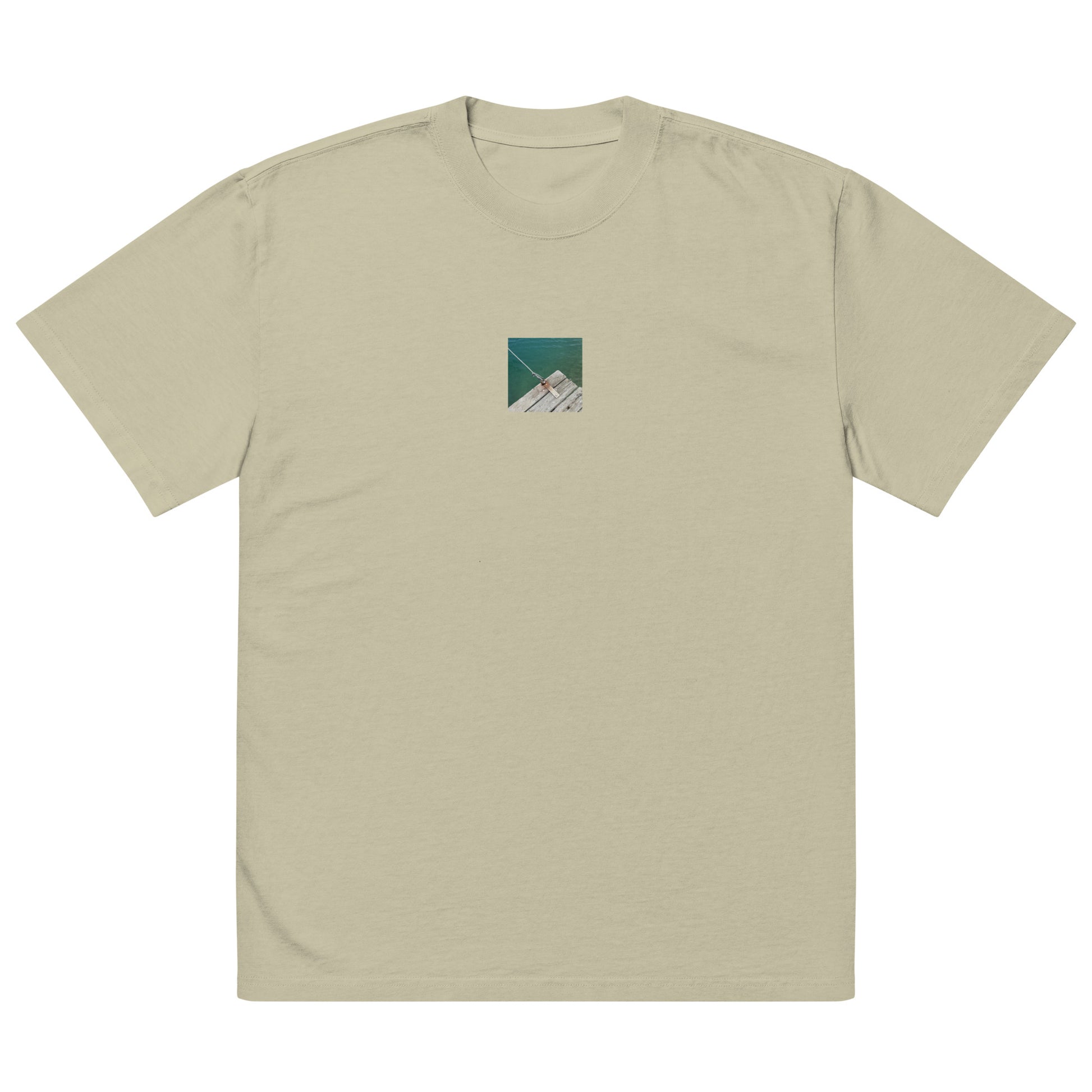Minimalist streetwear style oversized faded T-shirt in eucalyptus featuring the 'Sea, Pier and Rope' photo art on the front. / モードストリート系オーバーサイズ・フェードTシャツ（ユーカリ）フロントに「海、桟橋、ロープ」のフォトアートを配したデザイン。