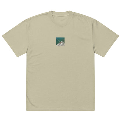 Minimalist streetwear style oversized faded T-shirt in eucalyptus featuring the 'Sea, Pier and Rope' photo art on the front. / モードストリート系オーバーサイズ・フェードTシャツ（ユーカリ）フロントに「海、桟橋、ロープ」のフォトアートを配したデザイン。