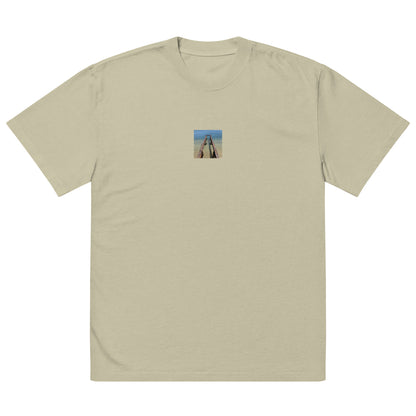 Minimalist streetwear style oversized faded T-shirt in eucalyptus featuring the 'Sea and Pier' photo art on the front. / モードストリート系オーバーサイズ・フェードTシャツ（ユーカリ）フロントに「海と桟橋」のフォトアートを配したデザイン。