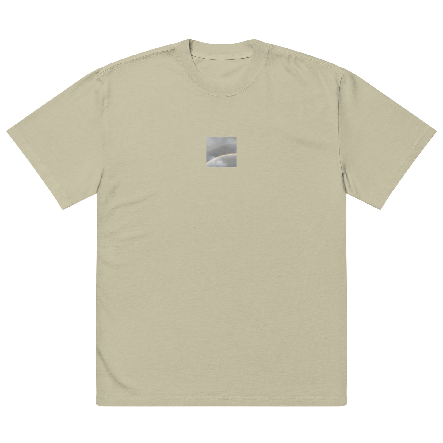 Minimalist streetwear style oversized faded T-shirt in eucalyptus featuring the 'Double Rainbow' photo art on the front. / モードストリート系オーバーサイズ・フェードTシャツ（ユーカリ）フロントに「ダブルレインボー」のフォトアートを配したデザイン。