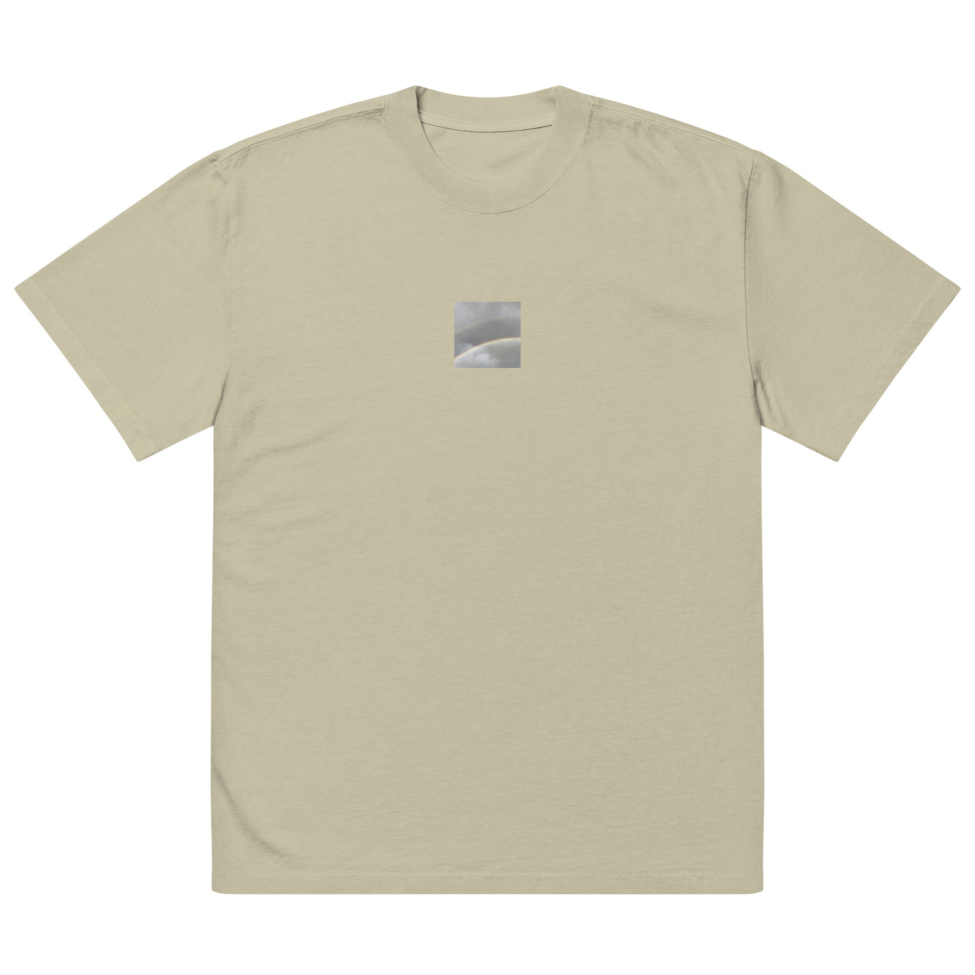 Minimalist streetwear style oversized faded T-shirt in eucalyptus featuring the 'Double Rainbow' photo art on the front. / モードストリート系オーバーサイズ・フェードTシャツ（ユーカリ）フロントに「ダブルレインボー」のフォトアートを配したデザイン。