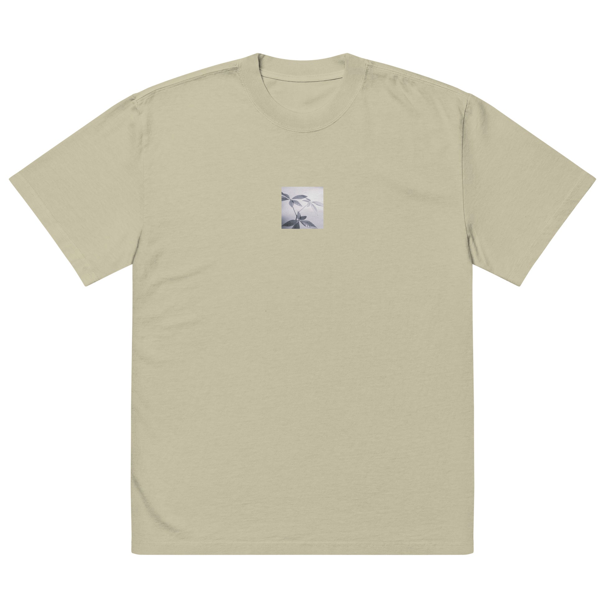 Minimalist streetwear style oversized faded T-shirt in eucalyptus featuring the 'Botanical (B&W)' photo art on the front. / モードストリート系オーバーサイズ・フェードTシャツ（ユーカリ）フロントに「ボタニカル (モノクロ)」のフォトアートを配したデザイン。
