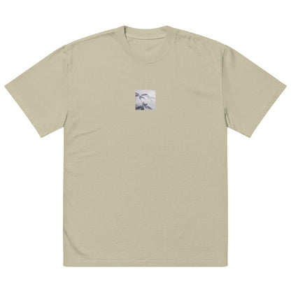 Minimalist streetwear style oversized faded T-shirt in eucalyptus featuring the 'Botanical (B&W)' photo art on the front. / モードストリート系オーバーサイズ・フェードTシャツ（ユーカリ）フロントに「ボタニカル (モノクロ)」のフォトアートを配したデザイン。