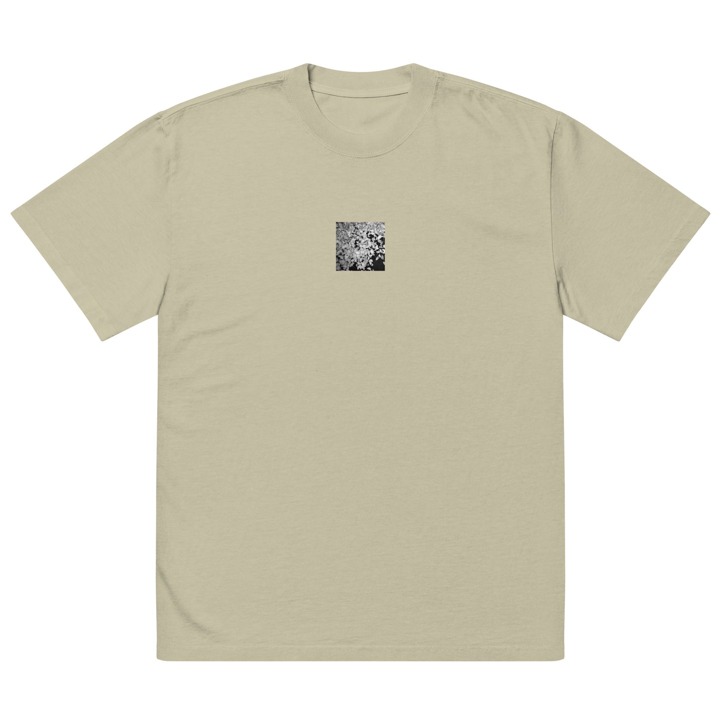Minimalist streetwear style oversized faded T-shirt in eucalyptus featuring the 'Ginkgo Biloba (B&W)' photo art on the front. / モードストリート系オーバーサイズ・フェードTシャツ（ユーカリ）フロントに「イチョウ (モノクロ)」のフォトアートを配したデザイン。