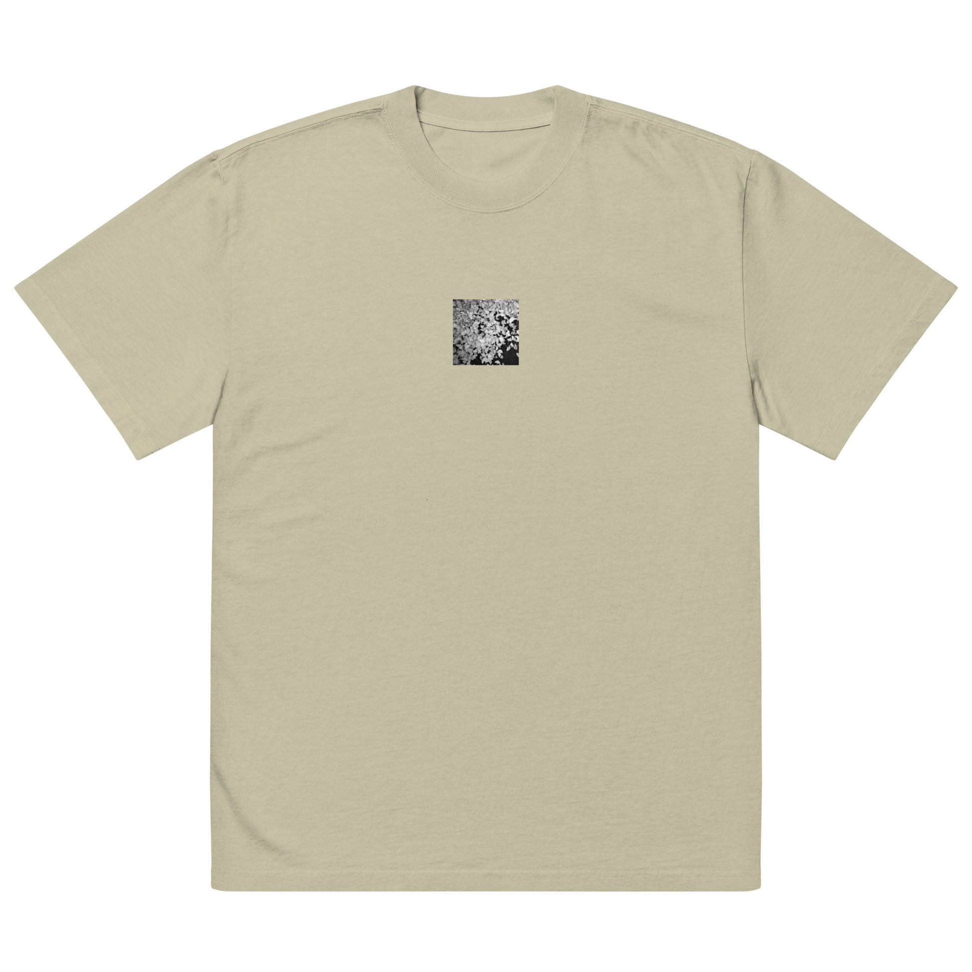 Minimalist streetwear style oversized faded T-shirt in eucalyptus featuring the 'Ginkgo Biloba (B&W)' photo art on the front. / モードストリート系オーバーサイズ・フェードTシャツ（ユーカリ）フロントに「イチョウ (モノクロ)」のフォトアートを配したデザイン。