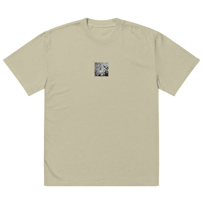 Minimalist streetwear style oversized faded T-shirt in eucalyptus featuring the 'Ginkgo Biloba (B&W)' photo art on the front. / モードストリート系オーバーサイズ・フェードTシャツ（ユーカリ）フロントに「イチョウ (モノクロ)」のフォトアートを配したデザイン。
