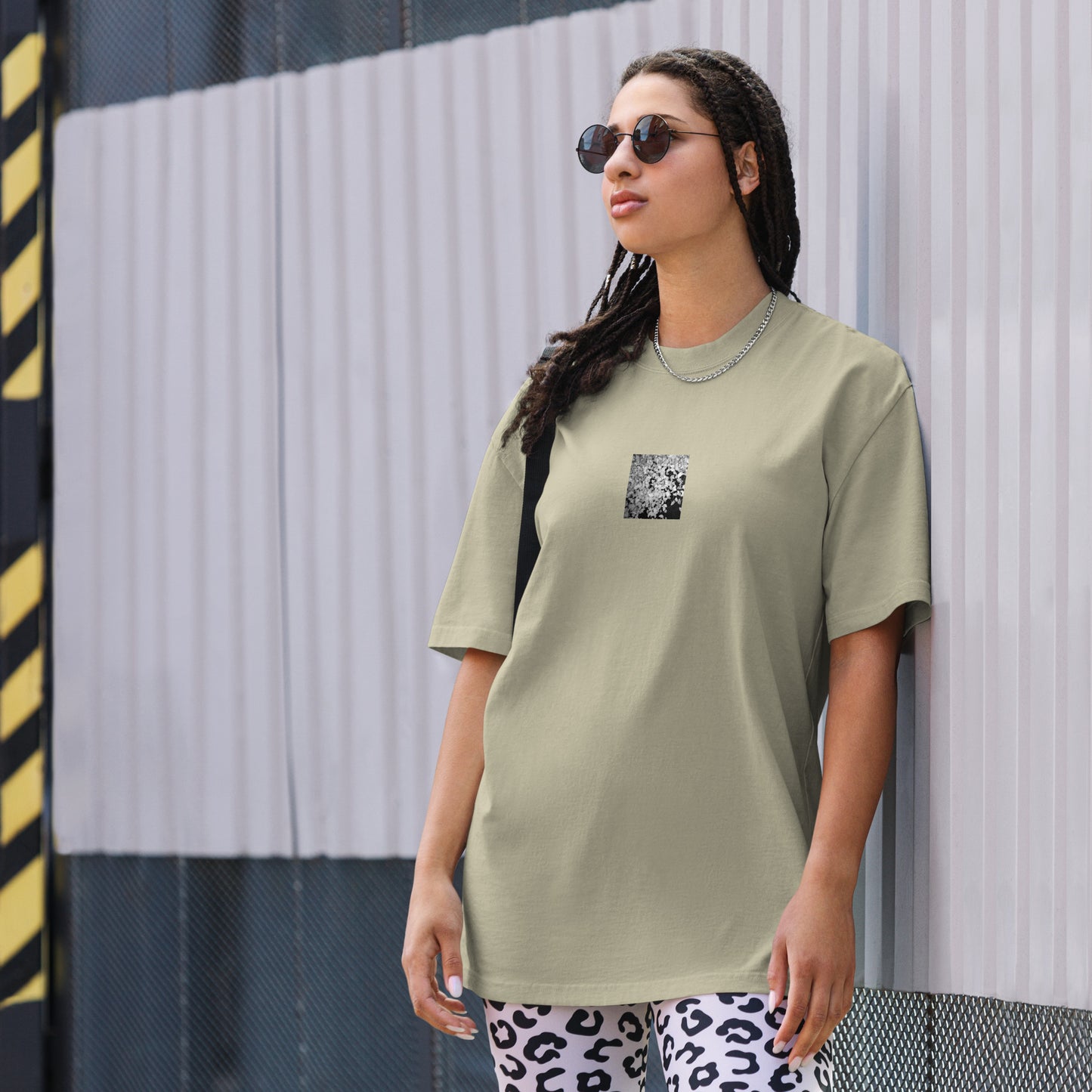 Minimalist streetwear style oversized faded T-shirt in eucalyptus featuring the 'Ginkgo Biloba (B&W)' photo art on the front. / モードストリート系オーバーサイズ・フェードTシャツ（ユーカリ）フロントに「イチョウ (モノクロ)」のフォトアートを配したデザイン。