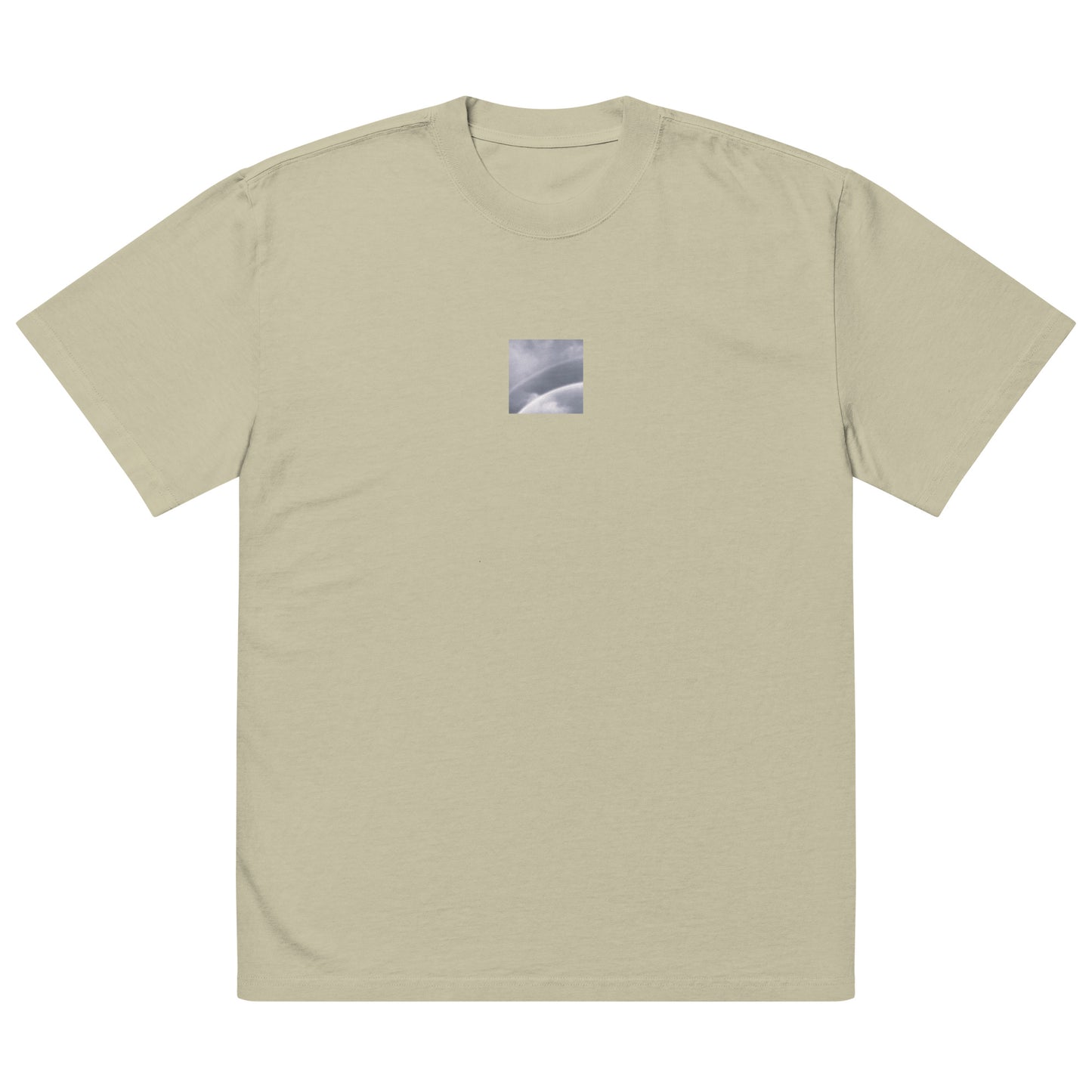 Minimalist streetwear style oversized faded T-shirt in eucalyptus featuring the 'Double Rainbow (B&W)' photo art on the front. / モードストリート系オーバーサイズ・フェードTシャツ（ユーカリ）フロントに「ダブルレインボー (モノクロ)」のフォトアートを配したデザイン。