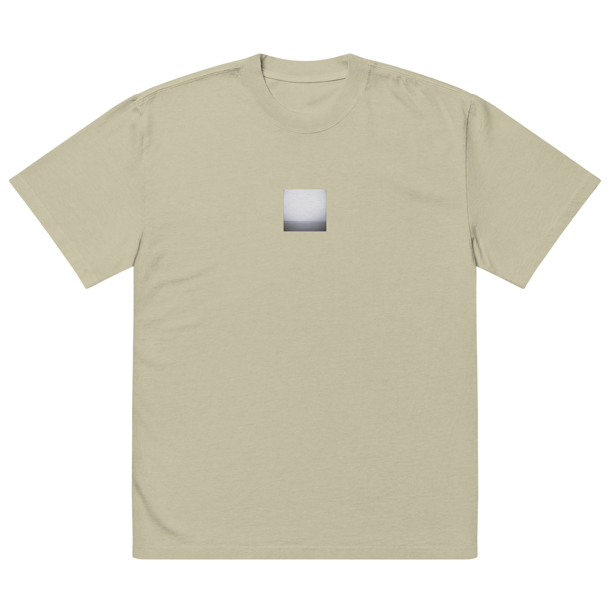 Minimalist streetwear style oversized faded T-shirt in eucalyptus featuring the 'Ocean Horizon (B&W)' photo art on the front. / モードストリート系オーバーサイズ・フェードTシャツ（ユーカリ）フロントに「オーシャンホライズン (モノクロ)」のフォトアートを配したデザイン。